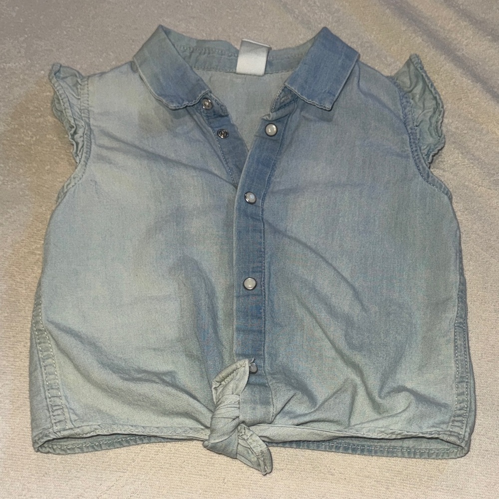 Girls' Light Blue Denim Tie-Front Sleeveless Shirt